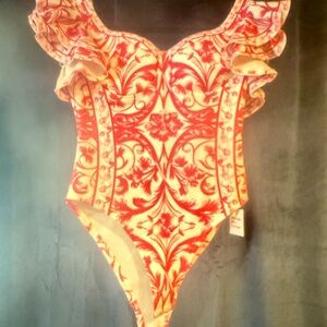 Red and White Floral Bodysuit